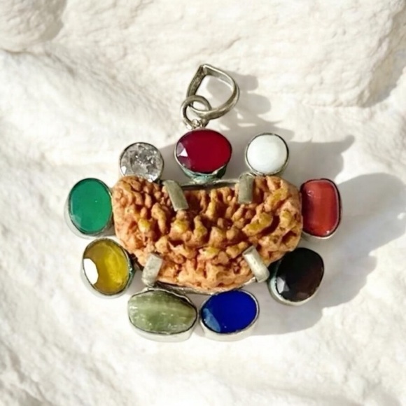 Silvertone Natural Gemstones Rudraksha Chakra Pendant, Spiritual, Health Fortune - Picture 1 of 4